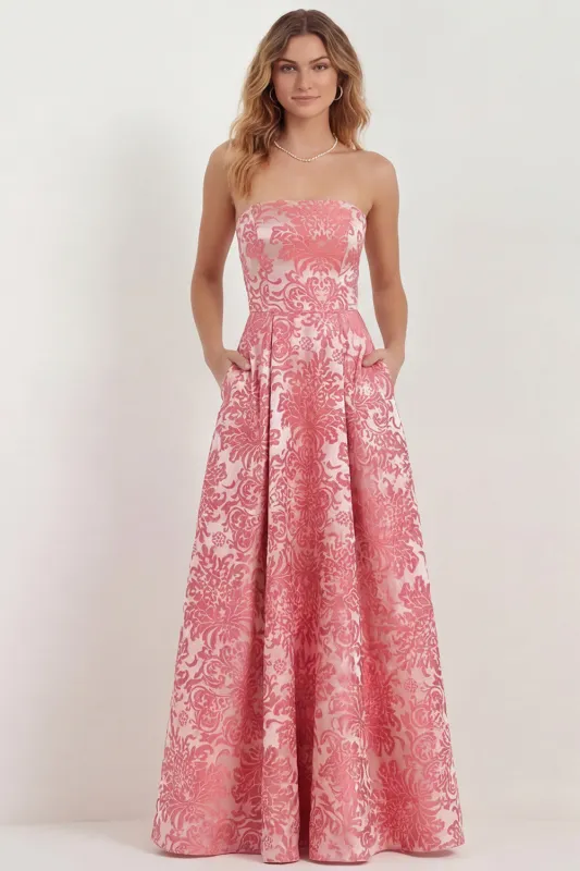 Hot Pink Strapless A Line Jacquard Long Bridesmaid Dress with Pockets made by Wedtrend