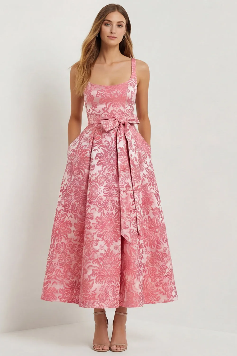Hot Pink A Line Jacquard Square Neck Midi Wedding Guest Dress with Bow sold by Wedtrend