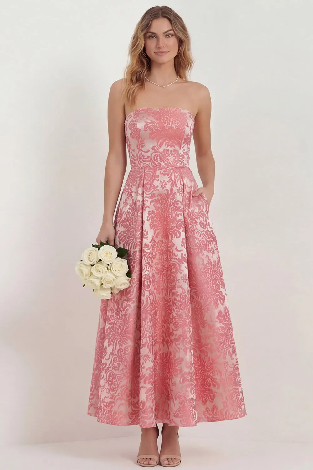 Strapless A Line Hot Pink Jacquard Midi Wedding Guest Dress with Pockets sold by Wedtrend