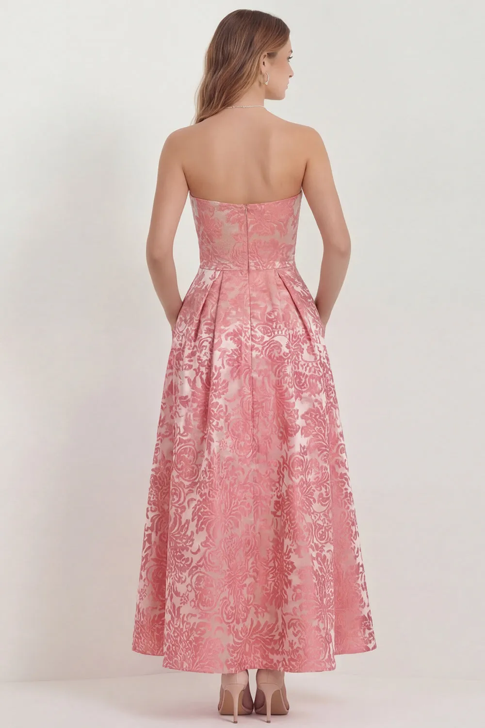 Strapless A Line Hot Pink Jacquard Midi Wedding Guest Dress with Pockets sold by Wedtrend product image thumbnail 2