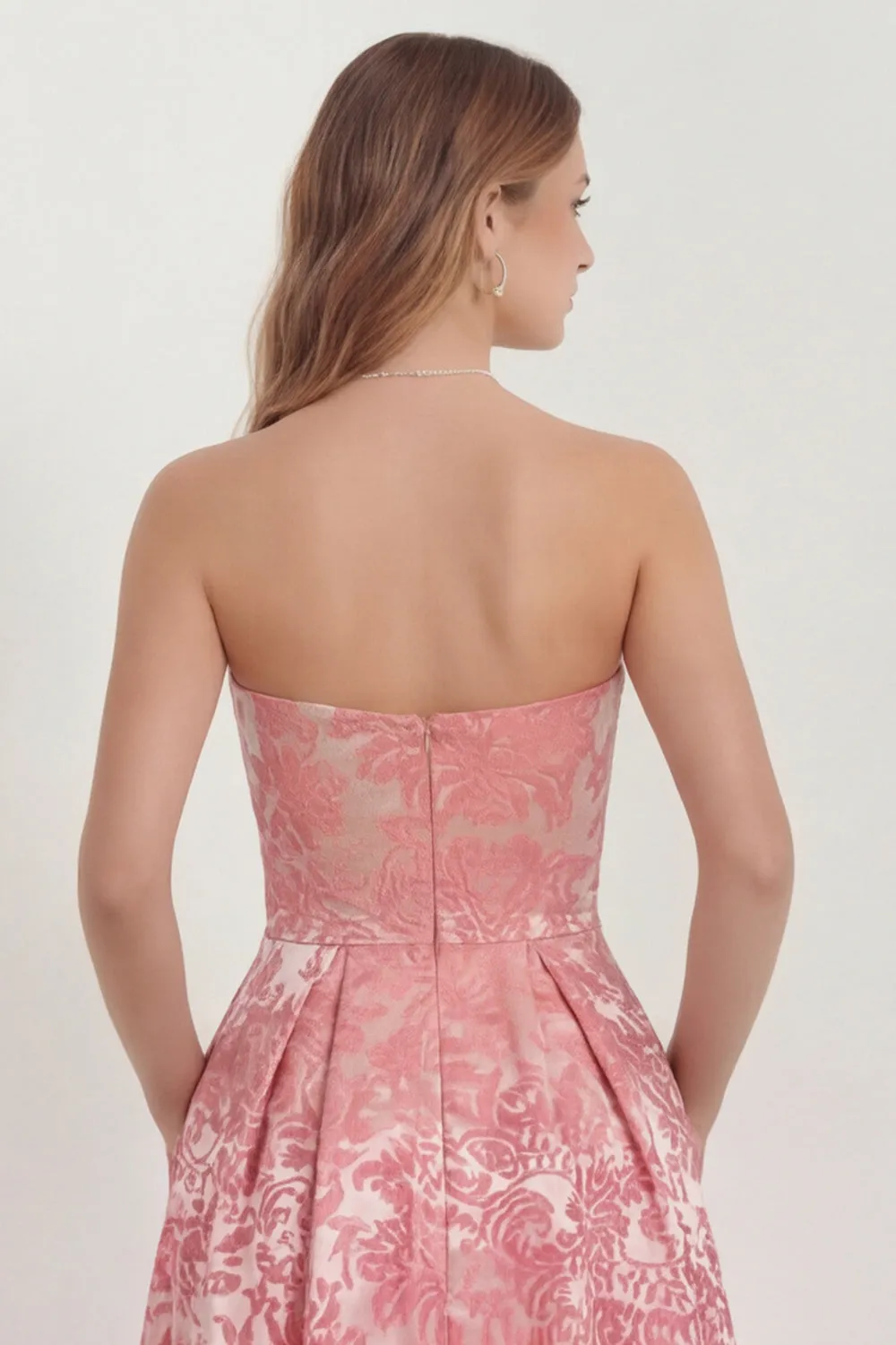 Strapless A Line Hot Pink Jacquard Midi Wedding Guest Dress with Pockets sold by Wedtrend product image thumbnail 5