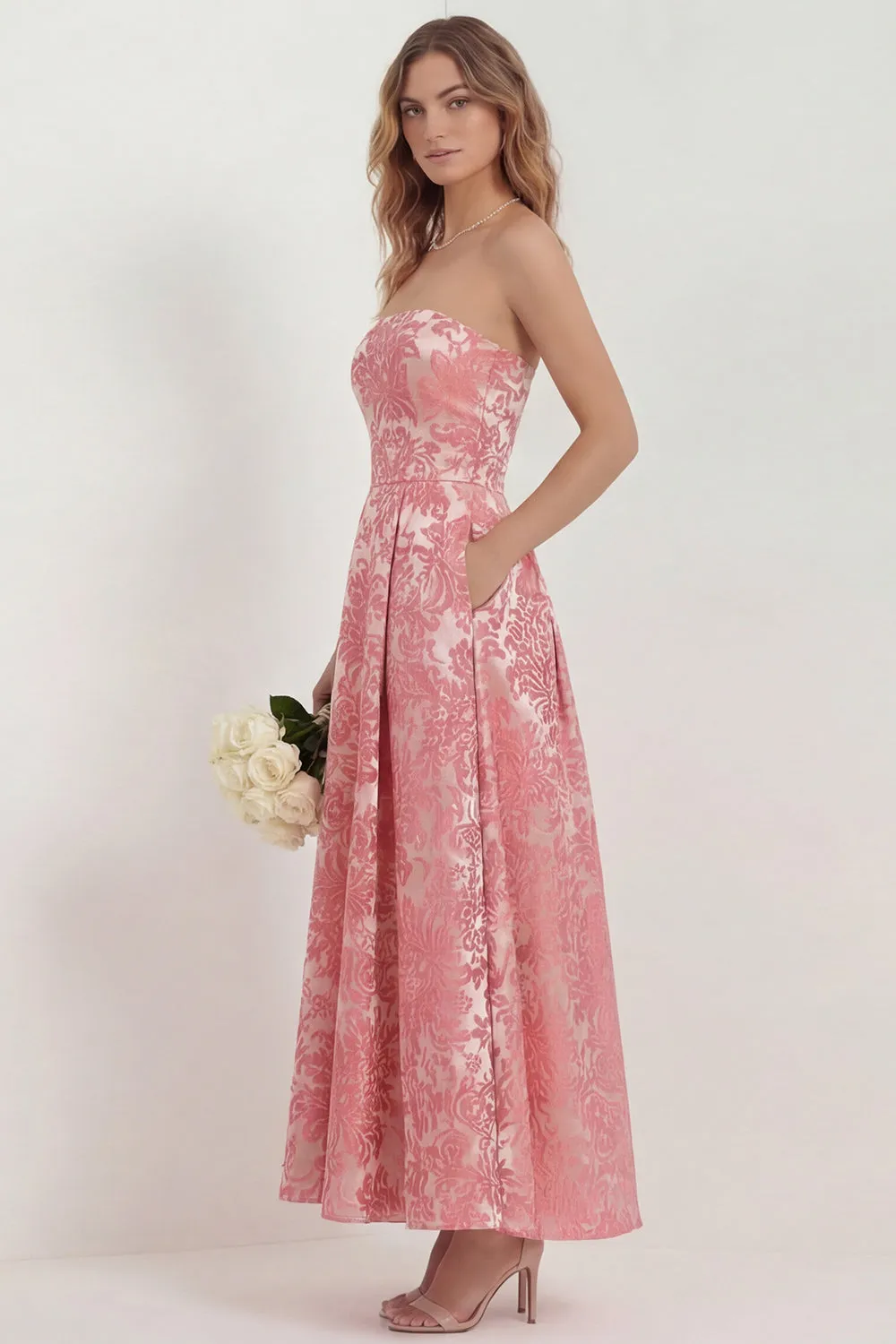 Strapless A Line Hot Pink Jacquard Midi Wedding Guest Dress with Pockets sold by Wedtrend product image thumbnail 3