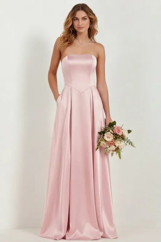 Blush Strapless A Line Satin Long Bridesmaid Dress with Pockets made by Wedtrend