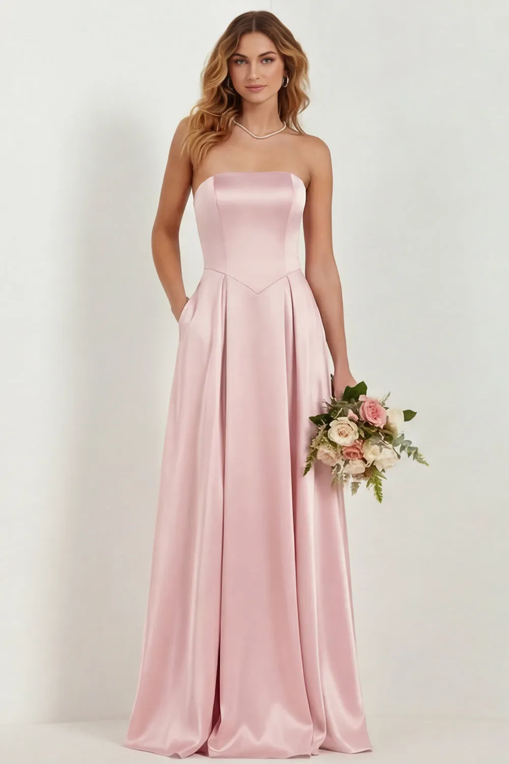 Blush Strapless A Line Satin Long Bridesmaid Dress with Pockets sold by Wedtrend