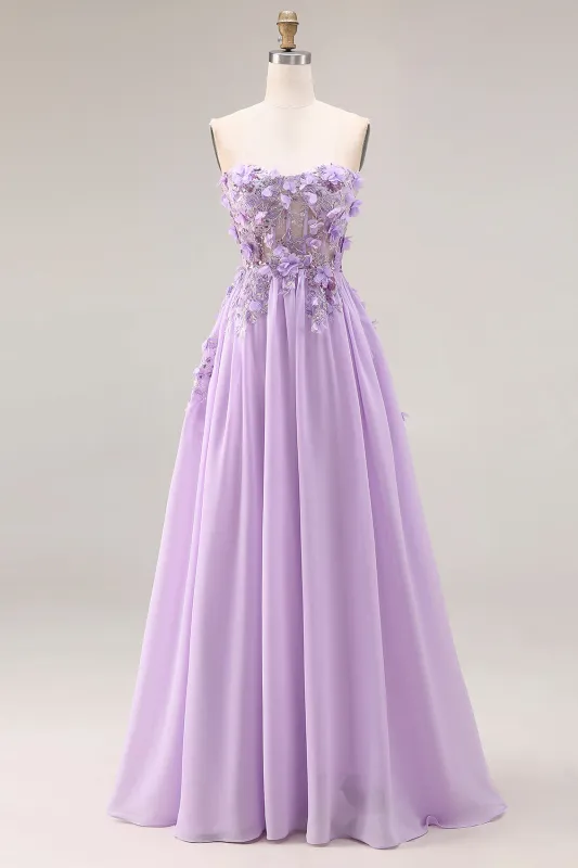 Lilac Strapless Corset A Line Long Prom Dress with 3D Flowers made by Wedtrend