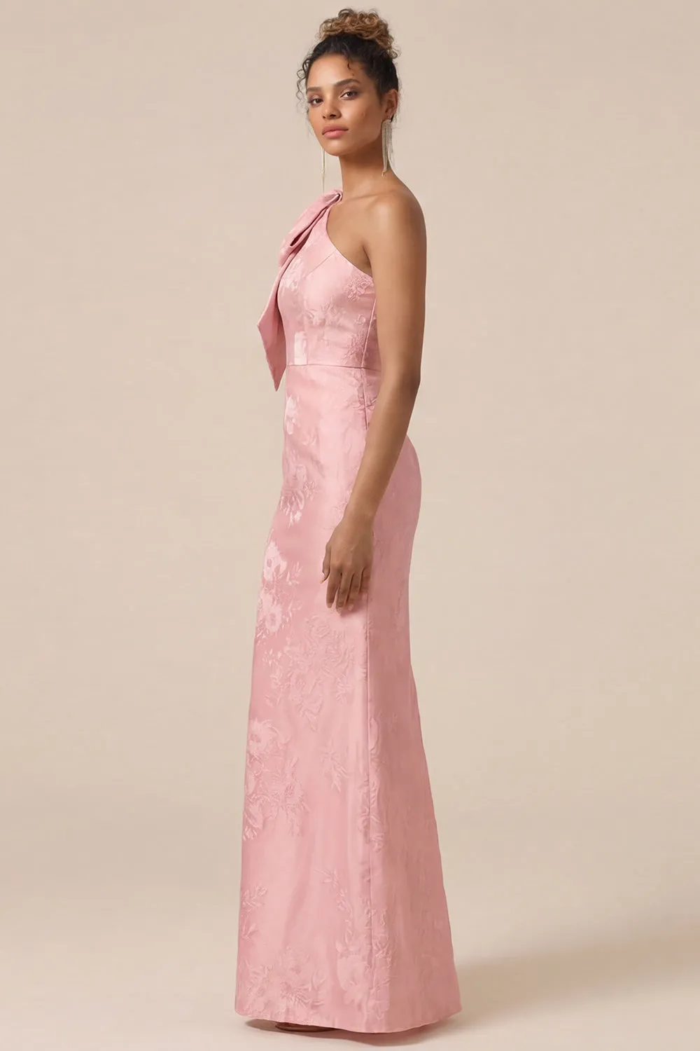 Blush Pink Mermaid One Shoulder Floral Long Bridesmaid Dress with Bow sold by Wedtrend product image thumbnail 3