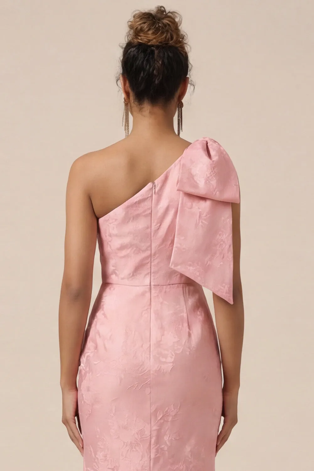 Blush Pink Mermaid One Shoulder Floral Long Bridesmaid Dress with Bow sold by Wedtrend product image thumbnail 5