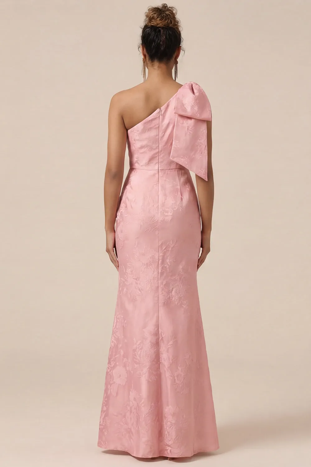 Blush Pink Mermaid One Shoulder Floral Long Bridesmaid Dress with Bow sold by Wedtrend product image thumbnail 2
