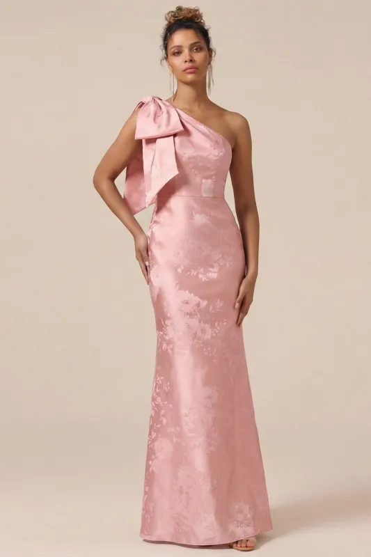 Blush Pink Mermaid One Shoulder Floral Long Bridesmaid Dress with Bow made by Wedtrend