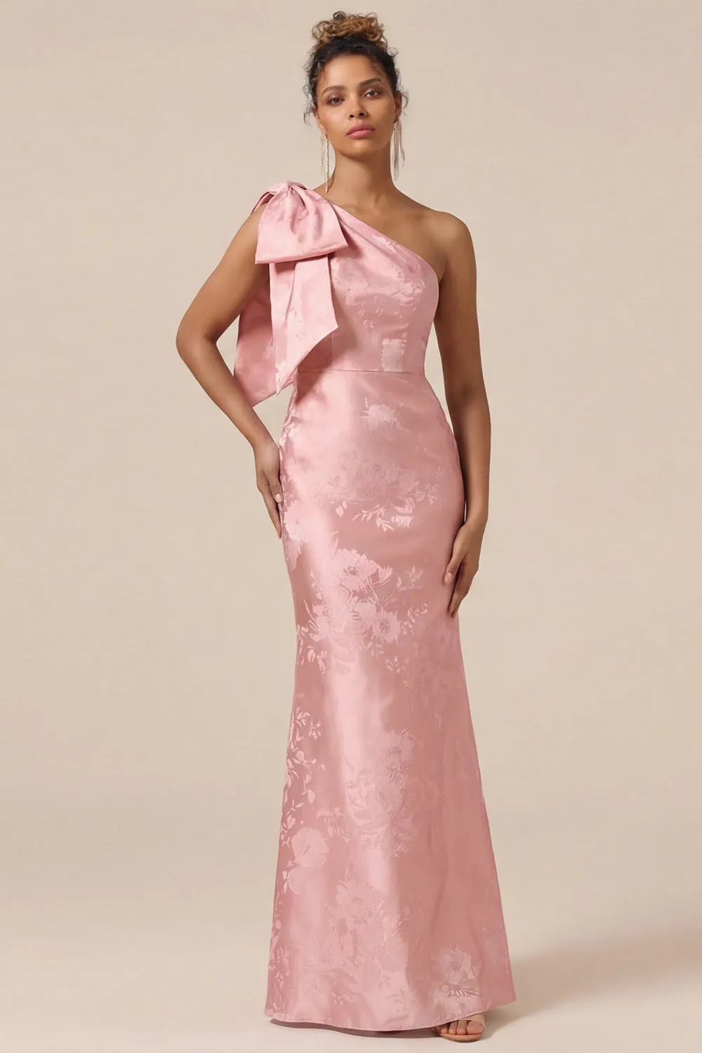 Blush Pink Mermaid One Shoulder Floral Long Bridesmaid Dress with Bow sold by Wedtrend