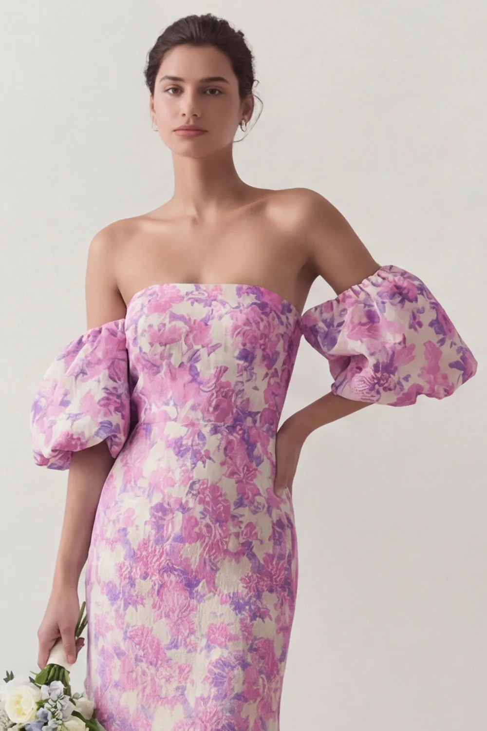 Lilac Flower Mermaid Strapless Satin Bridesmaid Dress with Removable Puff Sleeves sold by Wedtrend product image thumbnail 4