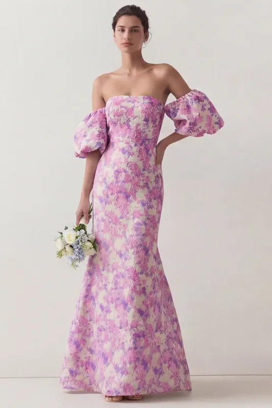 Lilac Flower Mermaid Strapless Satin Bridesmaid Dress with Removable Puff Sleeves made by Wedtrend