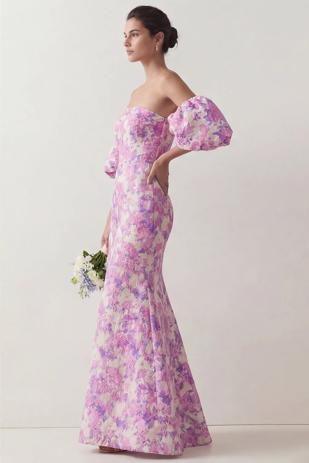 Lilac Flower Mermaid Strapless Satin Bridesmaid Dress with Removable Puff Sleeves sold by Wedtrend product image thumbnail 3