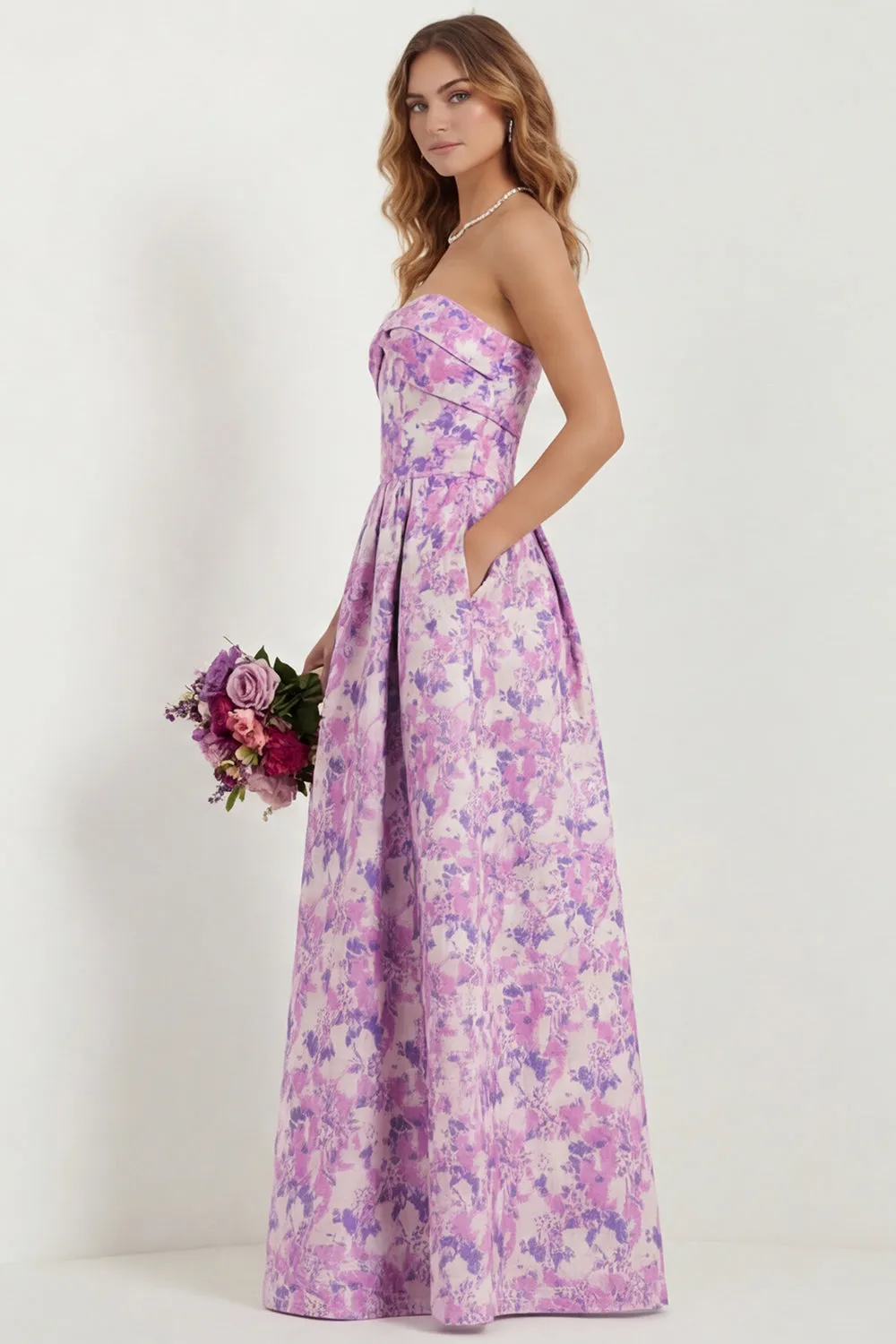 Light Blue Floral Sweetheart A Line Printed Maxi Dress with Pockets sold by Wedtrend product image thumbnail 5