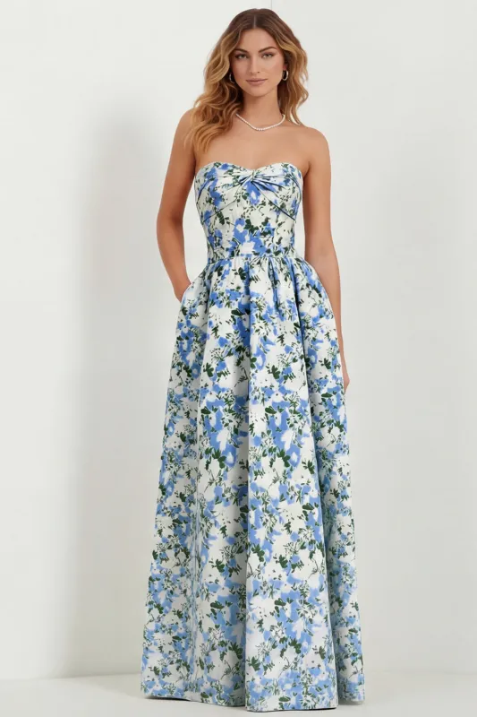 Light Blue Floral Sweetheart A Line Printed Maxi Dress with Pockets made by Wedtrend