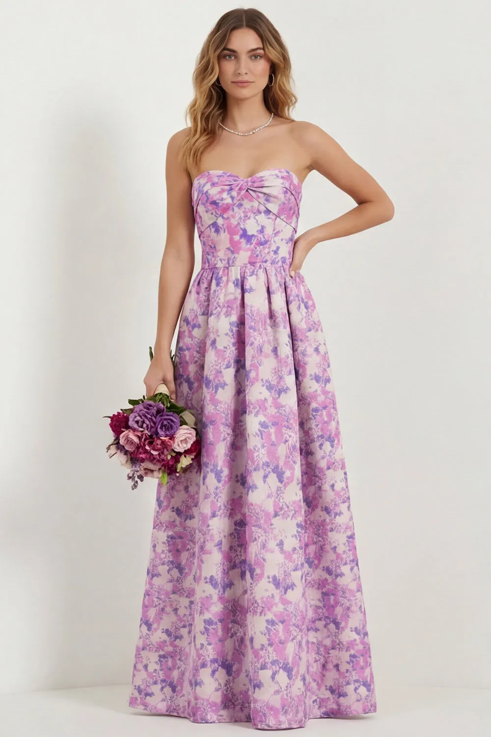 Light Blue Floral Sweetheart A Line Printed Maxi Dress with Pockets sold by Wedtrend product image thumbnail 3