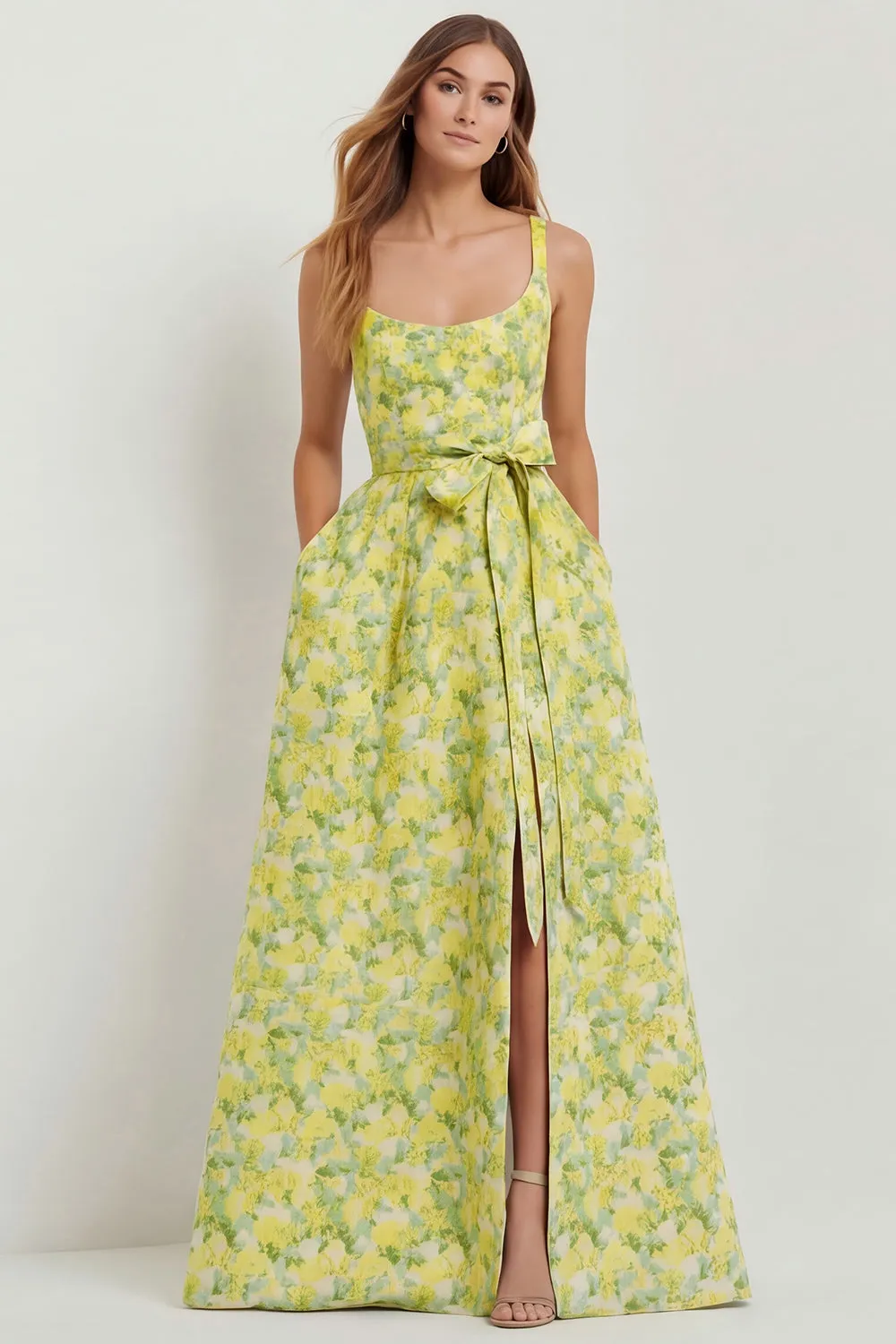 Navy Flower A-Line Print Bowed Long Satin Wedding Guest Dress with Slit sold by Wedtrend product image thumbnail 5