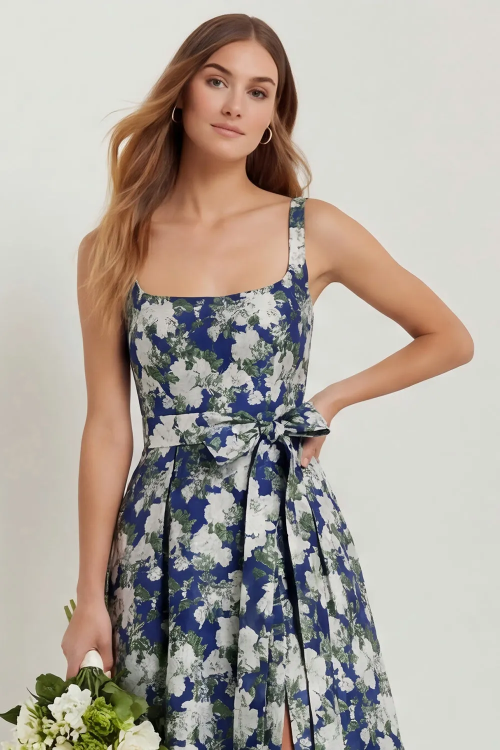 Navy Flower A-Line Print Bowed Long Satin Wedding Guest Dress with Slit sold by Wedtrend product image thumbnail 3