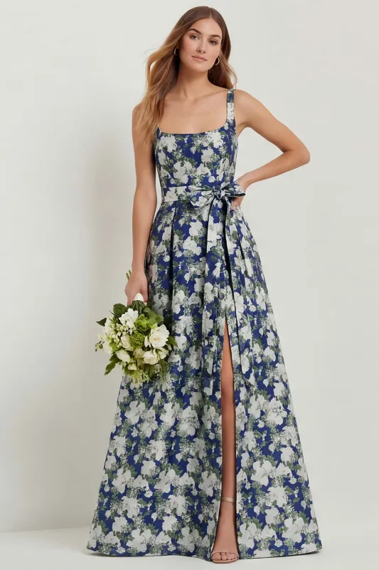 Navy Flower A-Line Print Bowed Long Satin Wedding Guest Dress with Slit made by Wedtrend