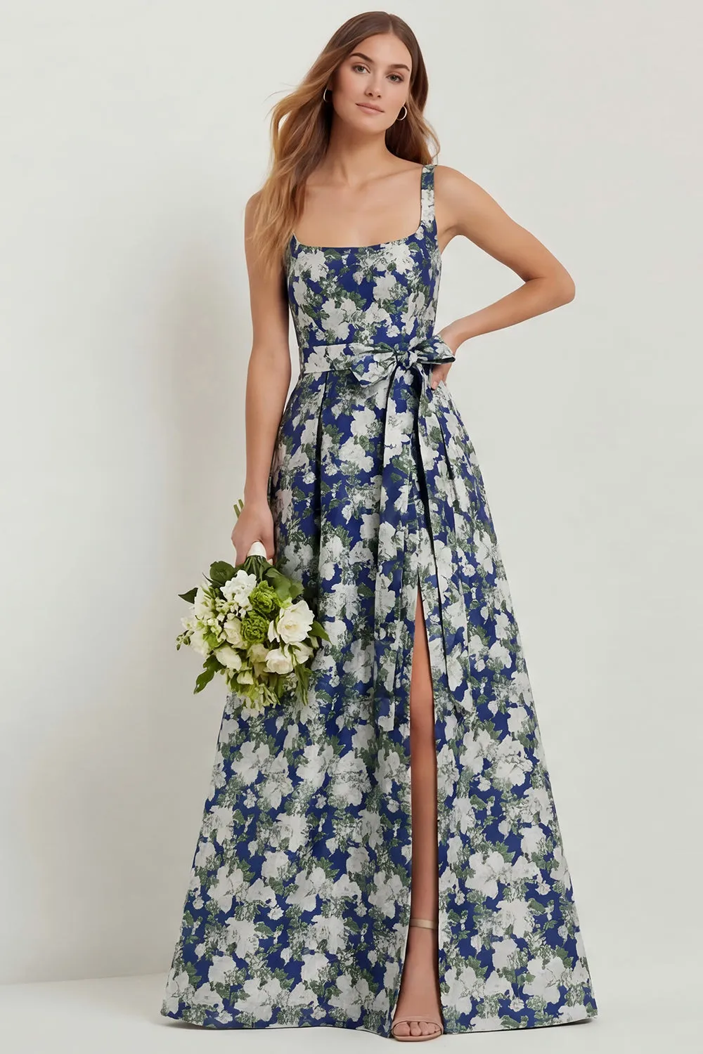 Navy Flower A-Line Print Bowed Long Satin Wedding Guest Dress with Slit sold by Wedtrend