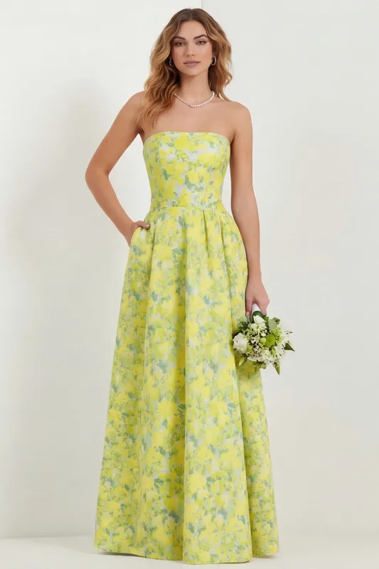Daffodil Flower Strapless Print A-Line Long Satin Bridesmaid Dress with Pockets made by Wedtrend
