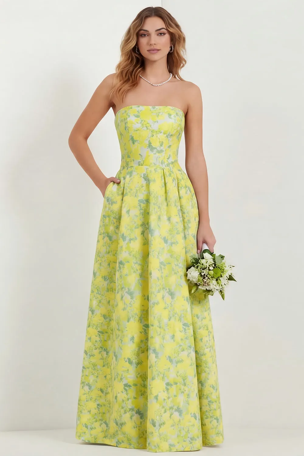 Daffodil Flower Strapless Print A-Line Long Satin Bridesmaid Dress with Pockets sold by Wedtrend