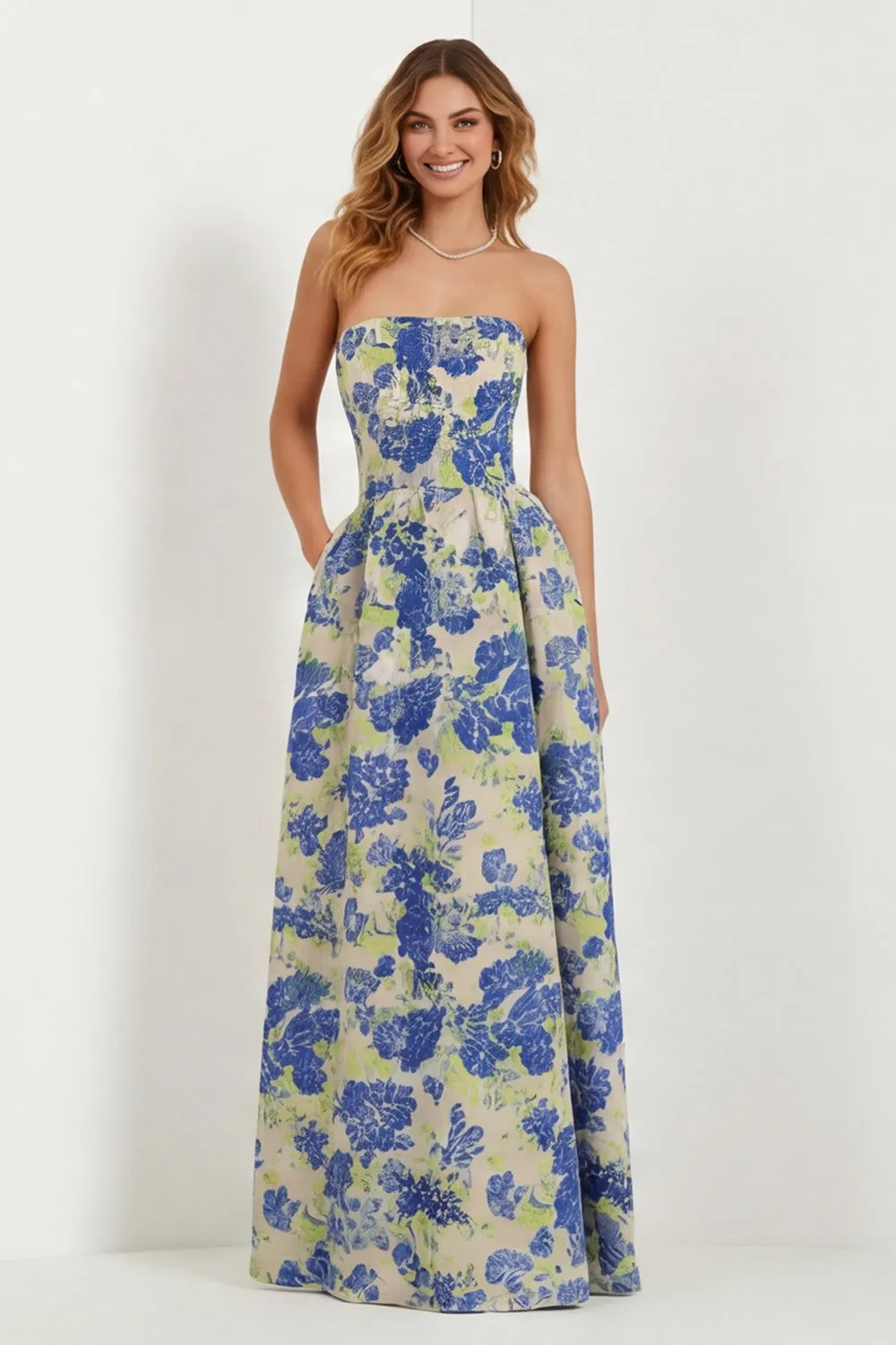 Daffodil Flower Strapless Print A-Line Long Satin Bridesmaid Dress with Pockets sold by Wedtrend product image thumbnail 5