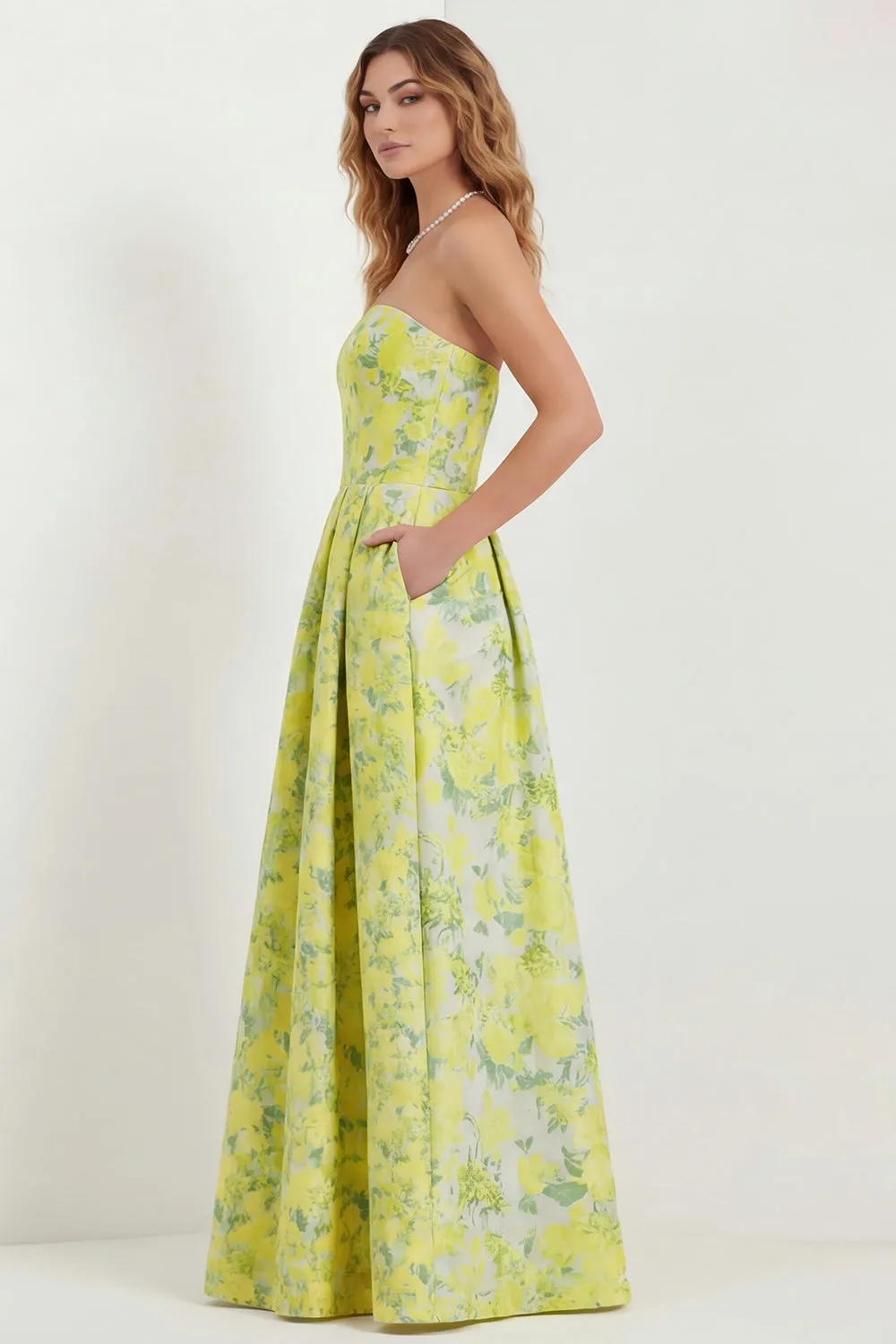 Daffodil Flower Strapless Print A-Line Long Satin Bridesmaid Dress with Pockets sold by Wedtrend product image thumbnail 2