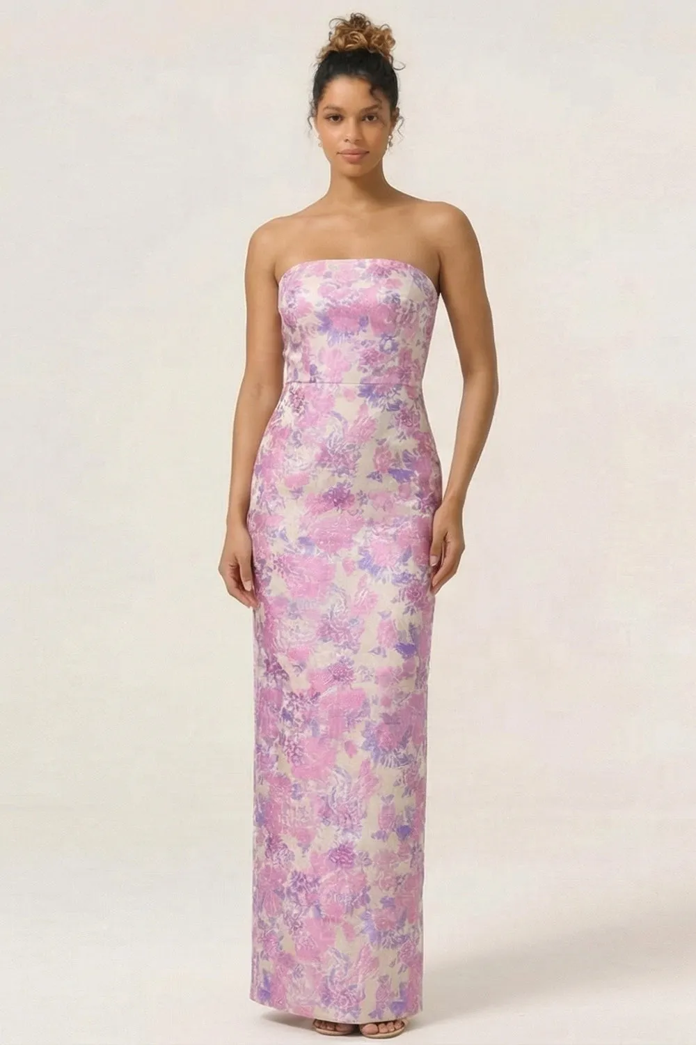 Lilac Floral Sheath Strapless Back Slit Satin Long Bridesmaid Dress with Pockets sold by Wedtrend