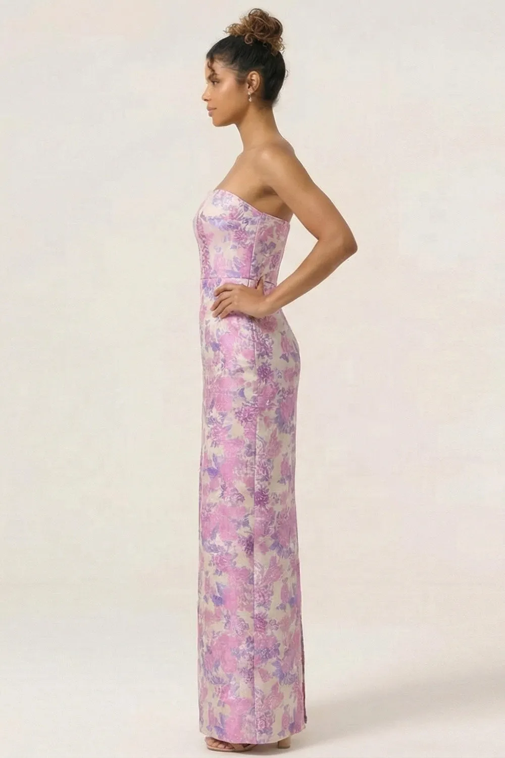 Lilac Floral Sheath Strapless Back Slit Satin Long Bridesmaid Dress with Pockets sold by Wedtrend product image thumbnail 3