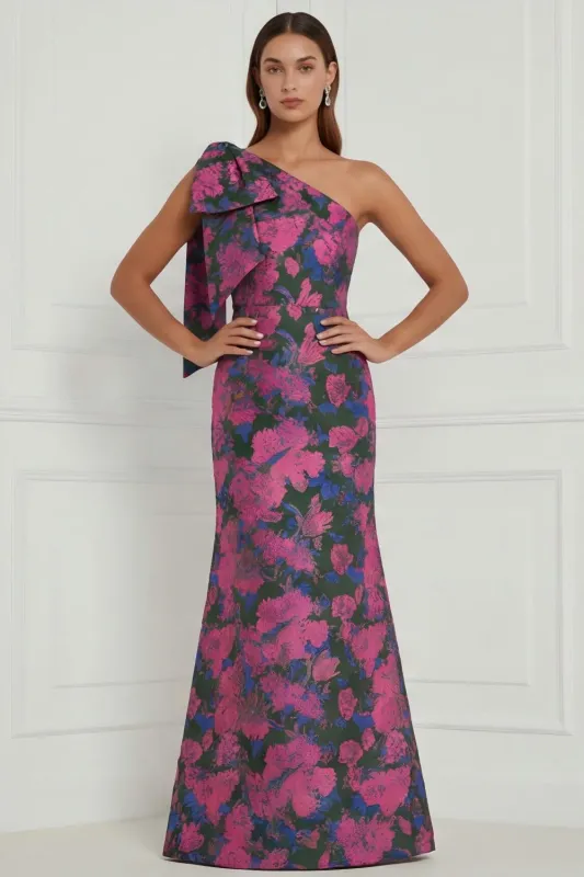 Fuchsia Flower Mermaid One Shoulder Print Long Bridesmaid Dress with Bow sold by Wedtrend