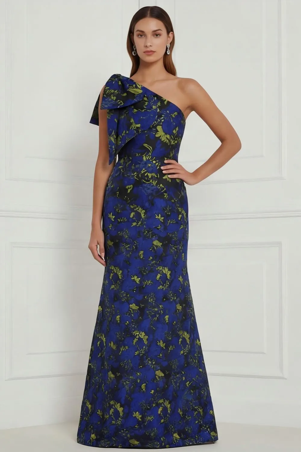 Fuchsia Flower Mermaid One Shoulder Print Long Bridesmaid Dress with Bow sold by Wedtrend product image thumbnail 5