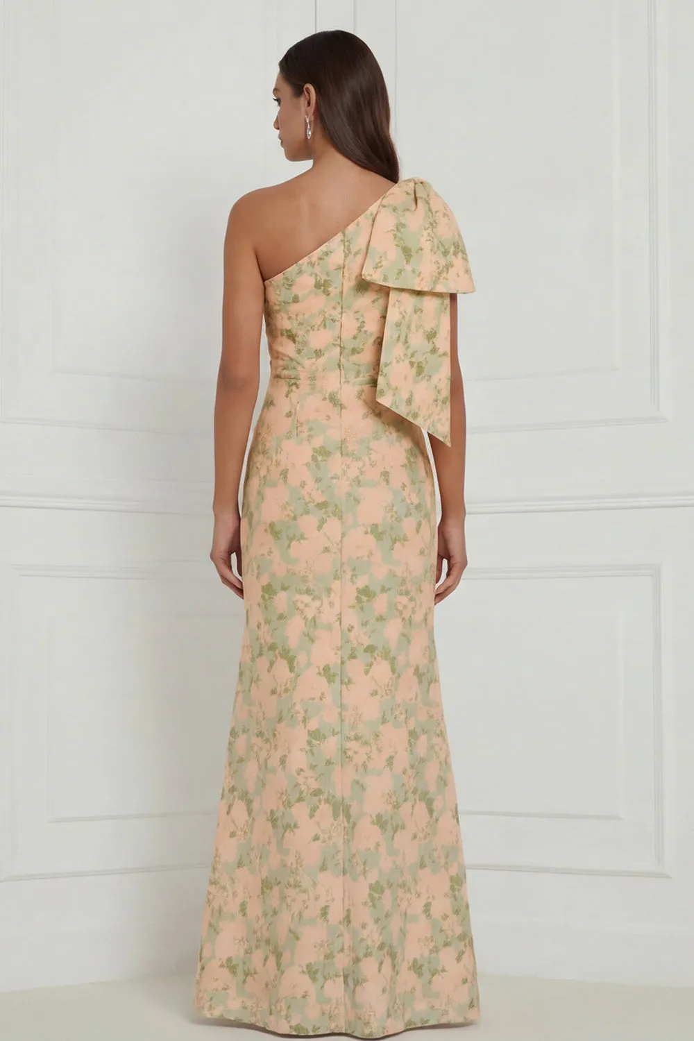 Fuchsia Flower Mermaid One Shoulder Print Long Bridesmaid Dress with Bow sold by Wedtrend product image thumbnail 4