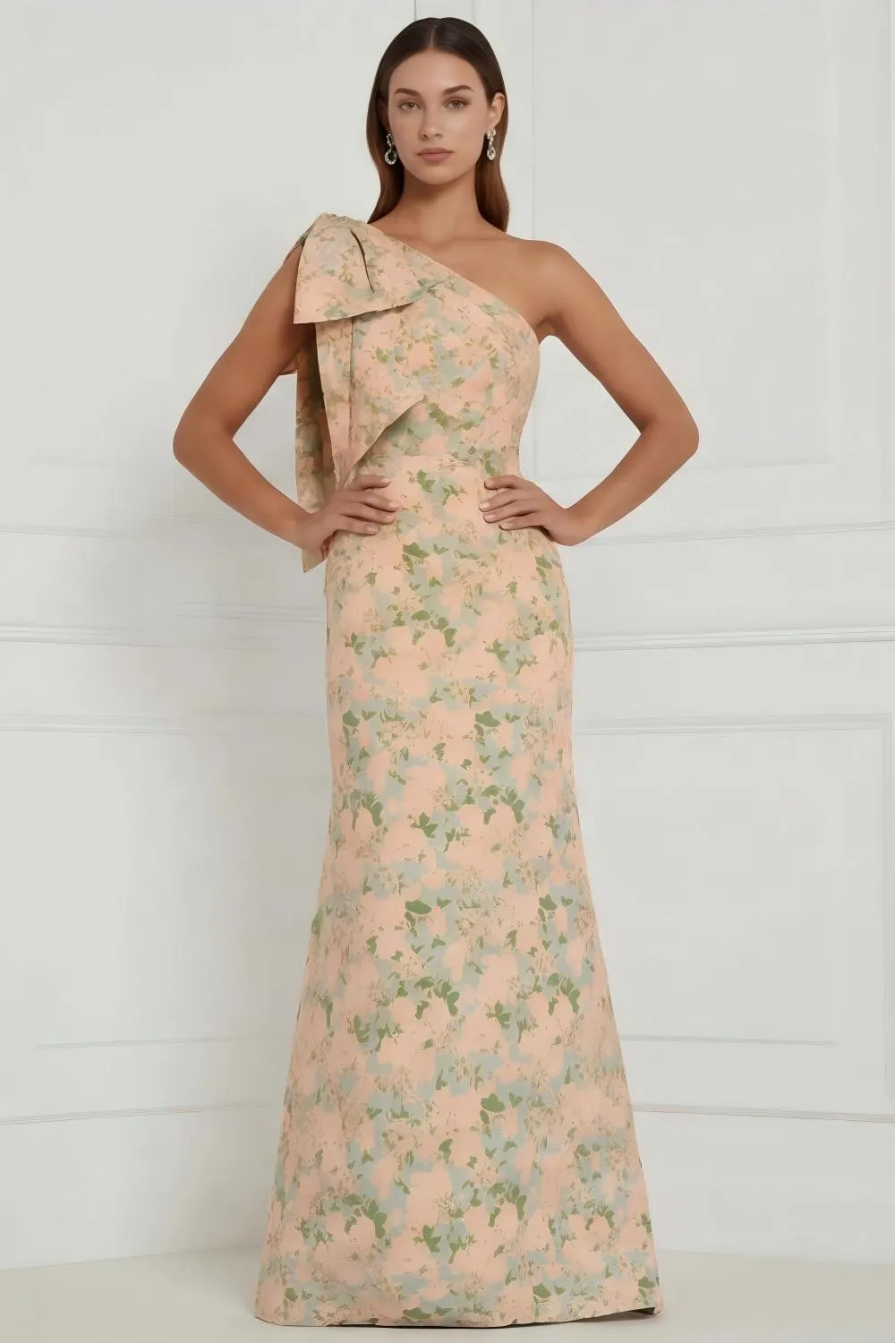 Fuchsia Flower Mermaid One Shoulder Print Long Bridesmaid Dress with Bow sold by Wedtrend product image thumbnail 3