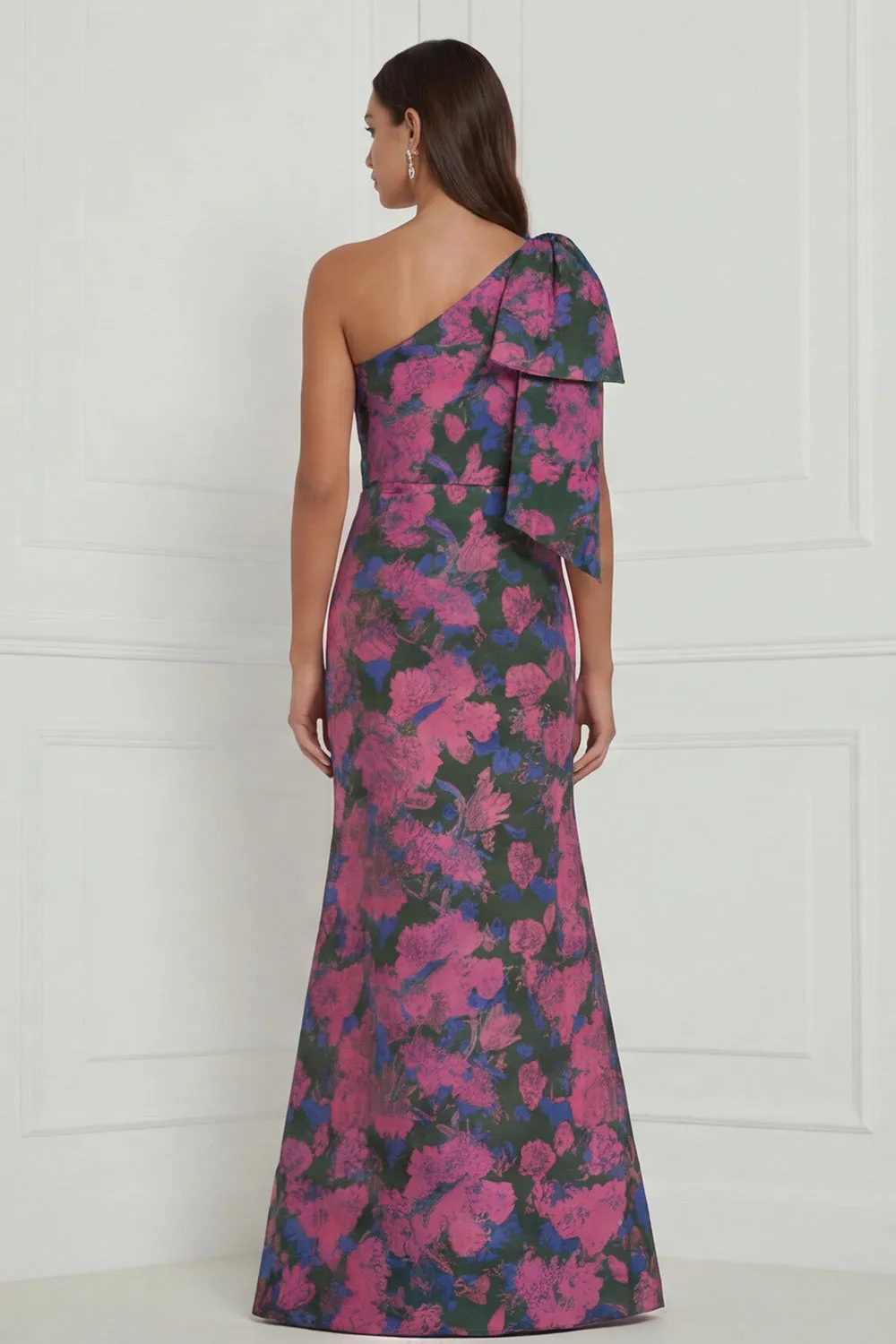 Fuchsia Flower Mermaid One Shoulder Print Long Bridesmaid Dress with Bow sold by Wedtrend product image thumbnail 2