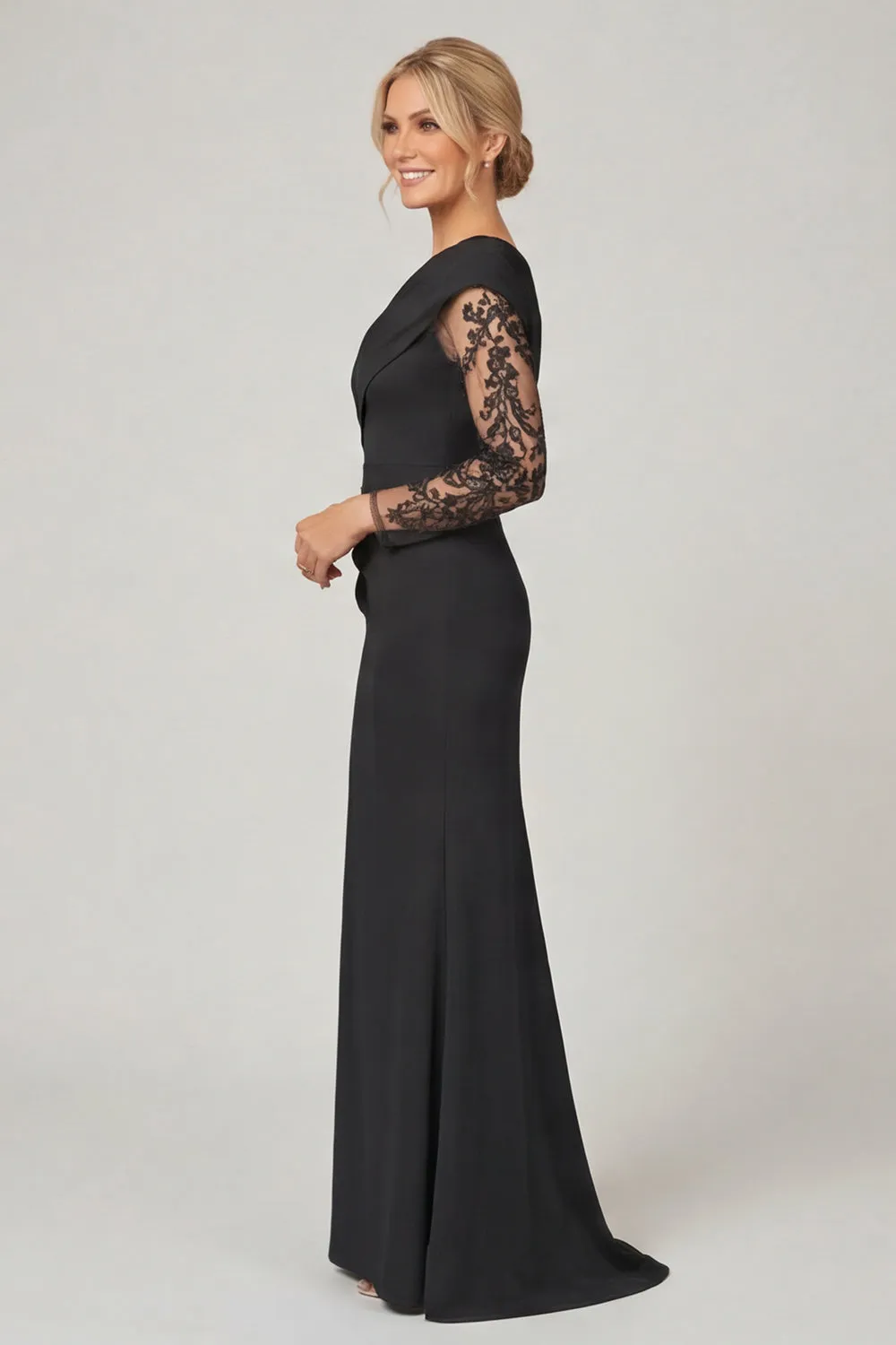 Black Mermaid Mother of the Bride Dress with Sheer Lace Sleeves sold by Wedtrend product image thumbnail 3