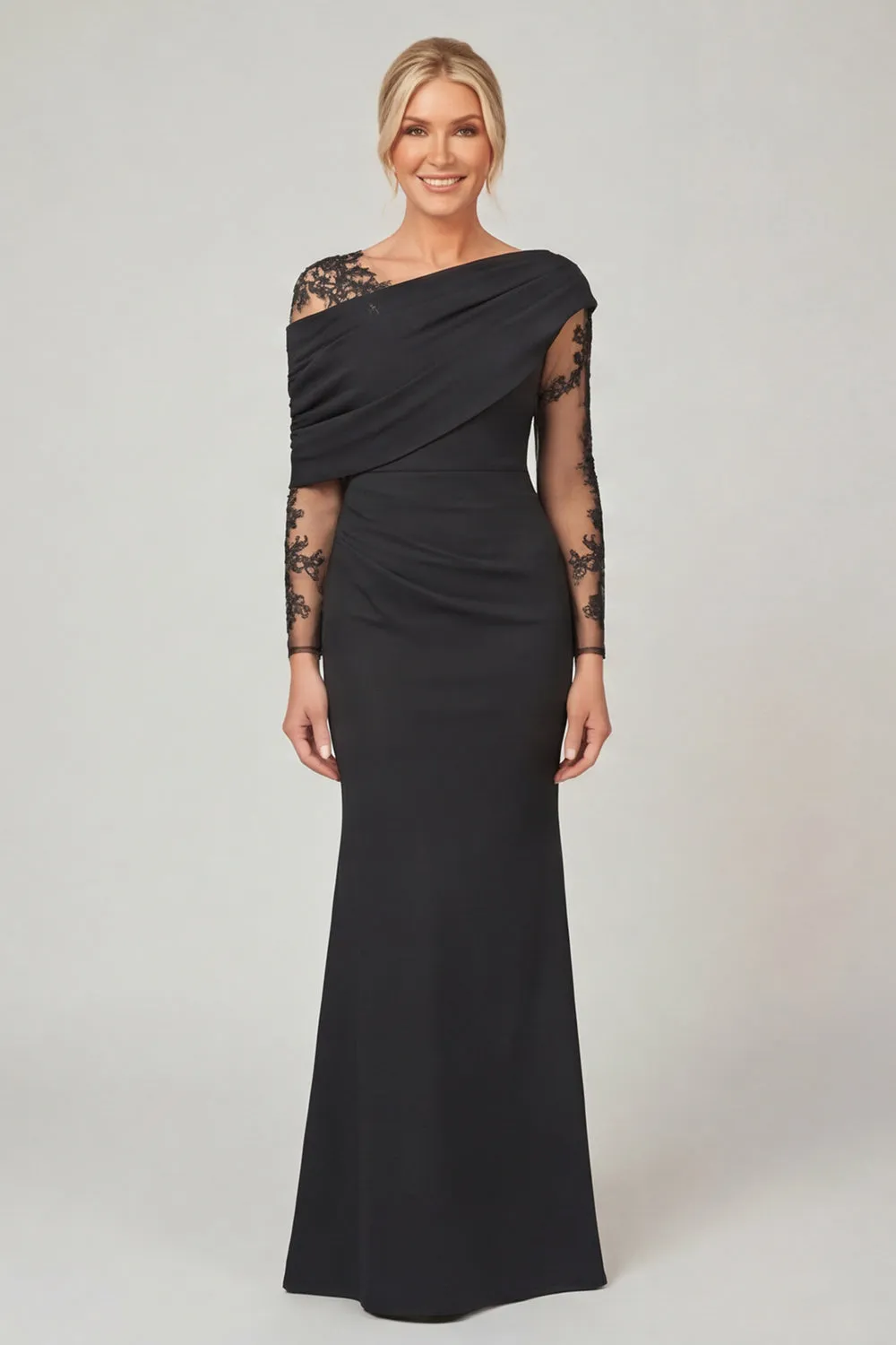 Black Mermaid Mother of the Bride Dress with Sheer Lace Sleeves sold by Wedtrend
