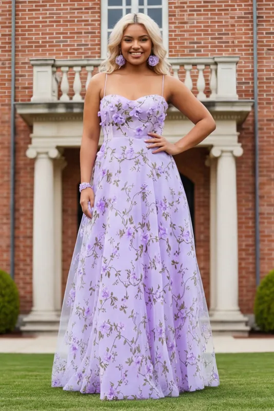 Lilac Plus Size Printed A Line Spaghetti Straps Long Prom Dress with 3D Flowers sold by Wedtrend