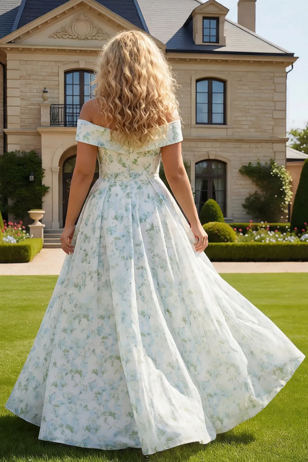 Off the Shoulder Plus Size Blue White Flower A Line Long Wedding Guest Dress with Slit sold by Wedtrend product image thumbnail 2