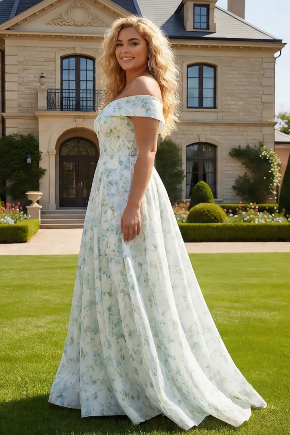 Off the Shoulder Plus Size Blue White Flower A Line Long Wedding Guest Dress with Slit sold by Wedtrend product image thumbnail 3