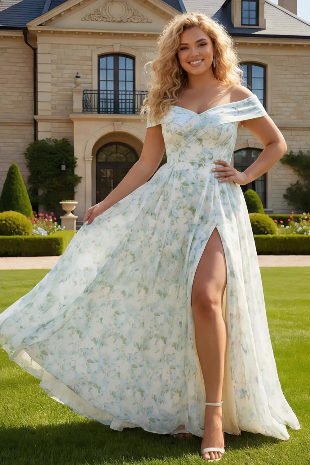 Off the Shoulder Plus Size Blue White Flower A Line Long Wedding Guest Dress with Slit sold by Wedtrend