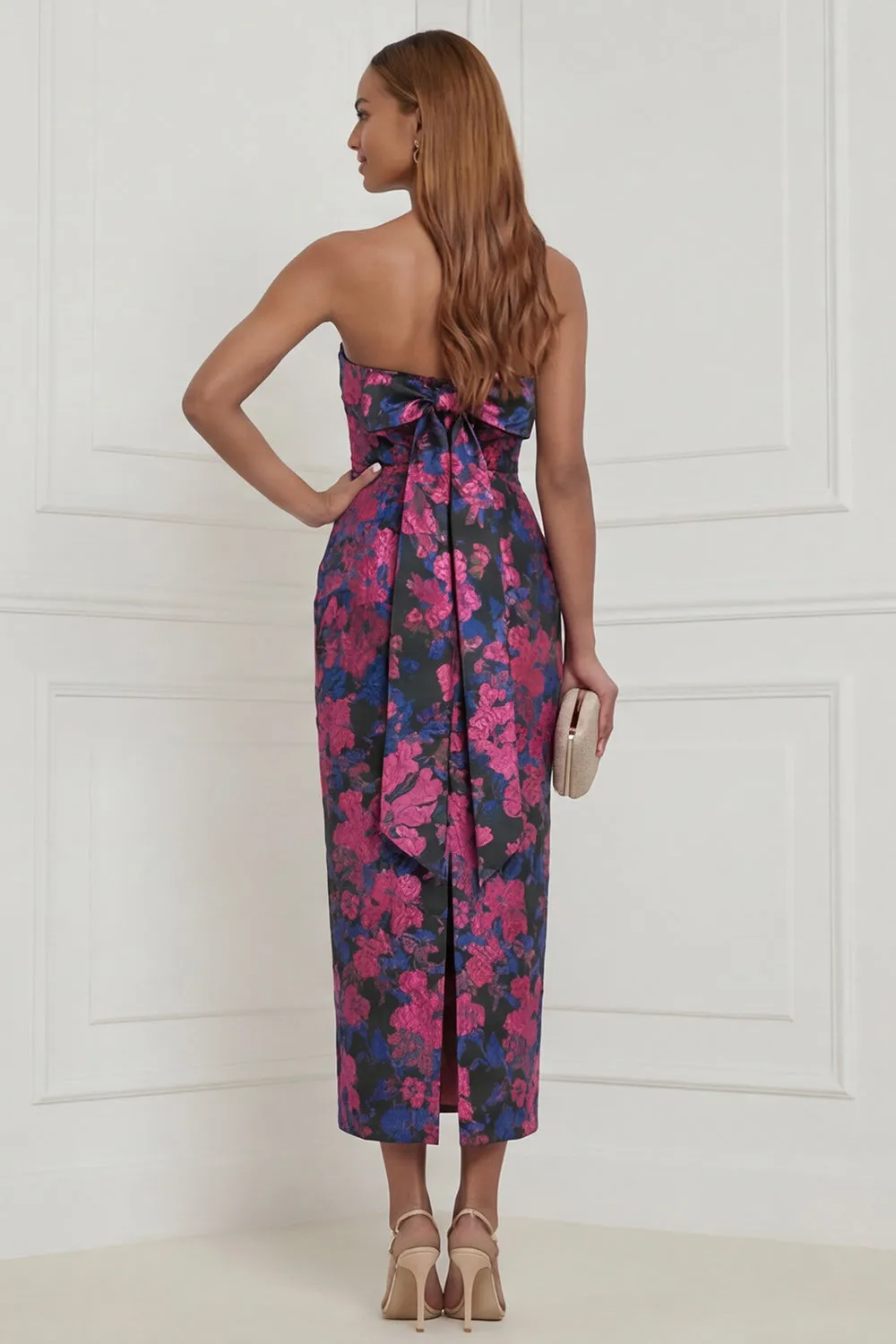 Strapless Fuchsia Sheath Floral Midi Wedding Guest Dress with Bow sold by Wedtrend product image thumbnail 2