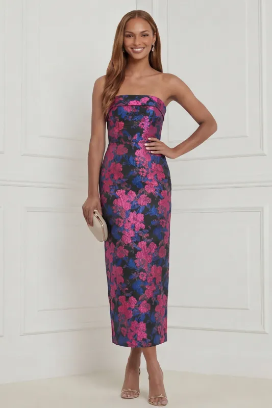 Strapless Fuchsia Sheath Floral Midi Wedding Guest Dress with Bow made by Wedtrend