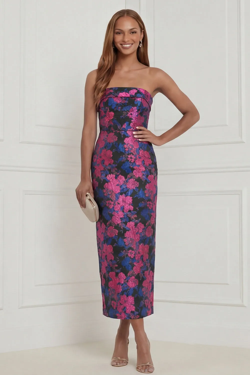 Strapless Fuchsia Sheath Floral Midi Wedding Guest Dress with Bow sold by Wedtrend