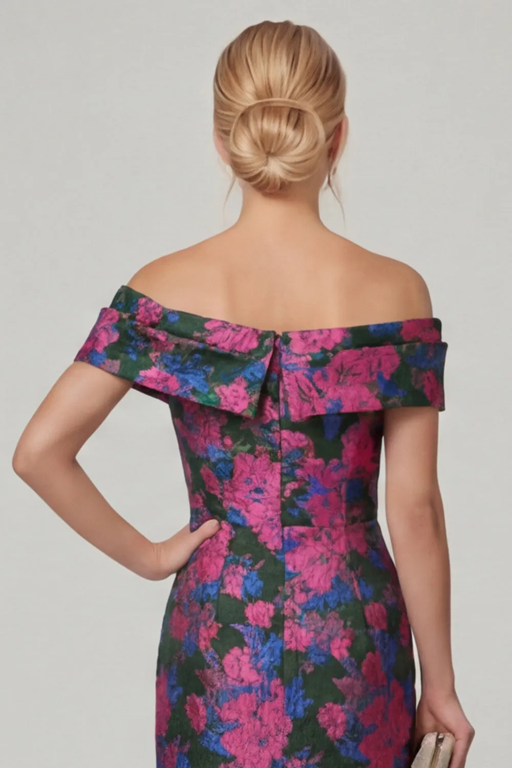 Off the Shoulder Fuchsia Sheath Printed Floral Long Mother of the Bride Dress sold by Wedtrend product image thumbnail 5