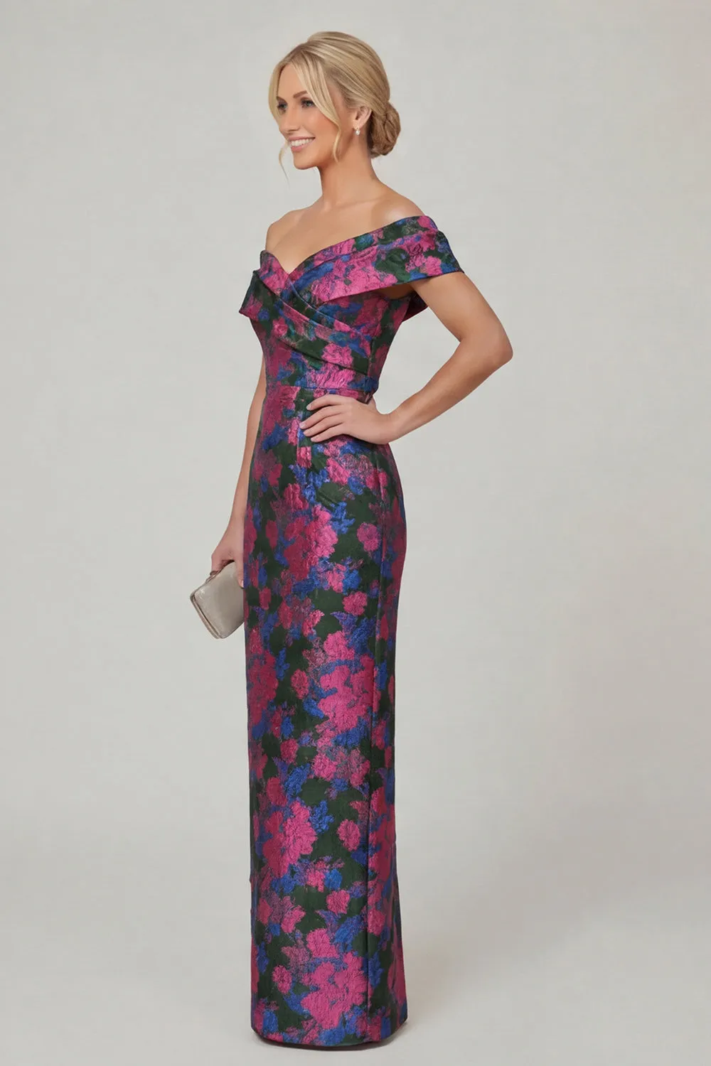 Off the Shoulder Fuchsia Sheath Printed Floral Long Mother of the Bride Dress sold by Wedtrend product image thumbnail 3
