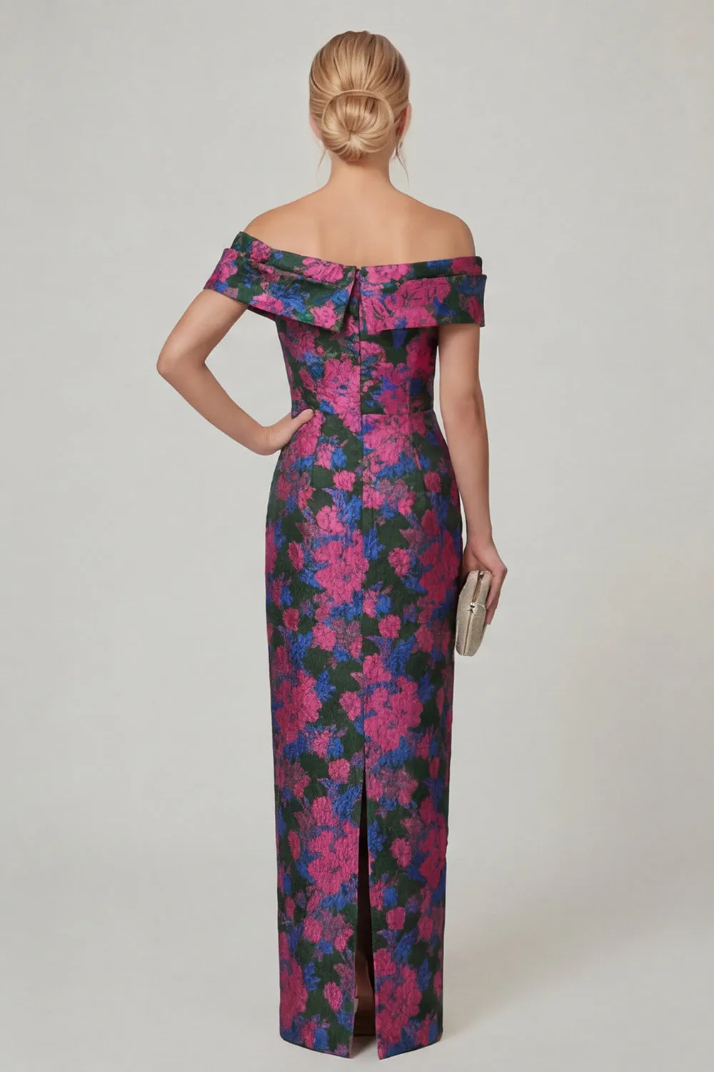 Off the Shoulder Fuchsia Sheath Printed Floral Long Mother of the Bride Dress sold by Wedtrend product image thumbnail 2
