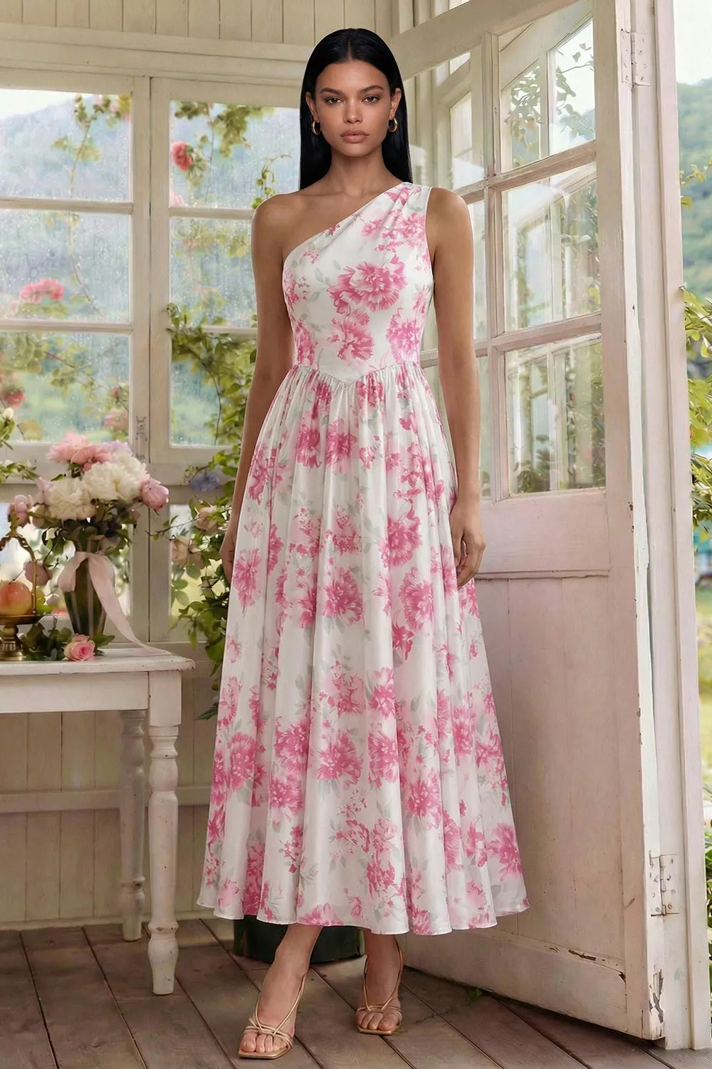 One Shoulder White A Line Floral Wedding Guest Dress sold by Wedtrend