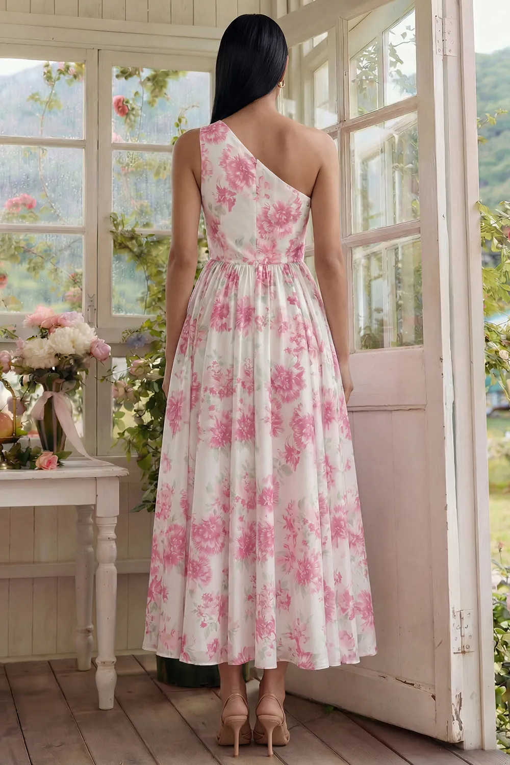 One Shoulder White A Line Floral Wedding Guest Dress sold by Wedtrend product image thumbnail 2