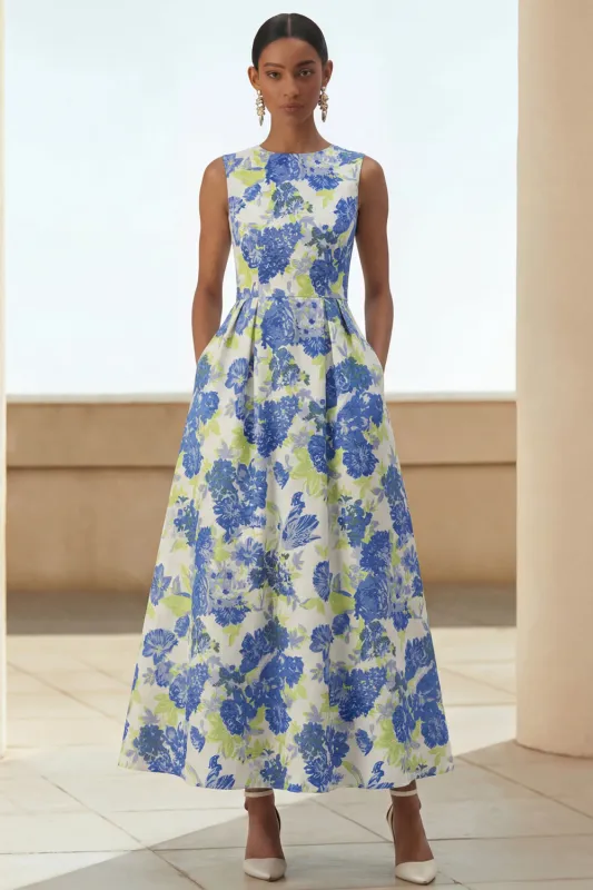 Blue Floral A Line Midi Wedding Guest Dress with Pockets made by Wedtrend